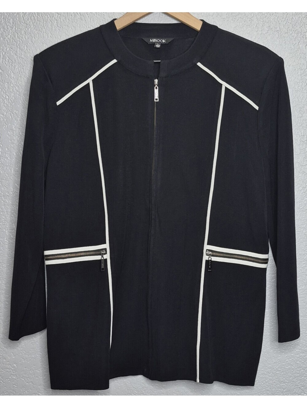 Misook Womens Jacket Black White Full Zip Long Sleeve Pockets Large